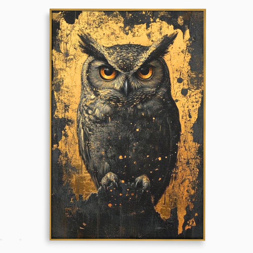 Tablou canvas cu tablou canvas cu bufnita neagra si fundal auriu, in rama de aluminiu auriu